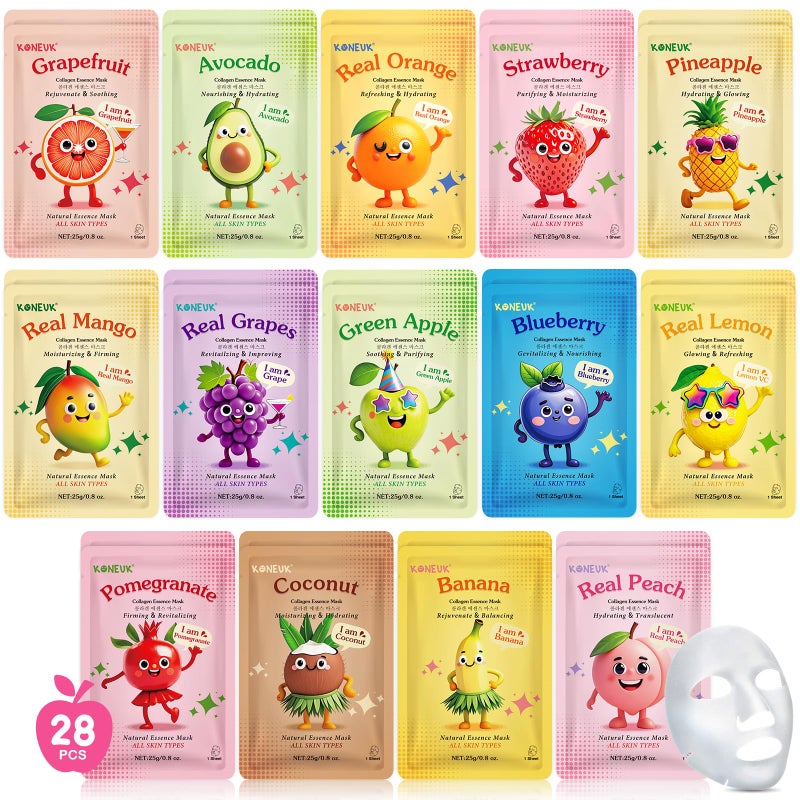 KONEUK 28 Pack Fruit Face Masks Skincare for Kids Girls Sheet Collagen Face Mask for Women Skin Care Bulk Hydrating Facial Mask for All Skin Types Christmas Birthday Party Spa Gifts for Teens